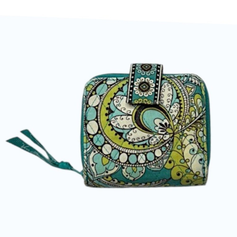 Vera Bradley Peacock Paisley Small Bi-Fold Wallet Blue Green Zipper Coin Section - Picture 1 of 7